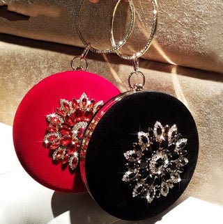 Circular Velvet Evening Clutch – Diamond Ring Handle Wristlet for Parties