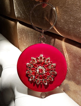 Circular Velvet Evening Clutch – Diamond Ring Handle Wristlet for Parties