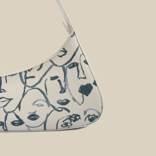 Vintage Canvas Shoulder Bag with Character Print - White Minimalist Hobo Tote