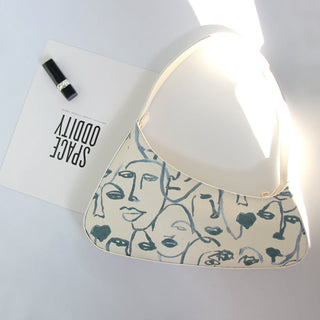 Vintage Canvas Shoulder Bag with Character Print - White Minimalist Hobo Tote