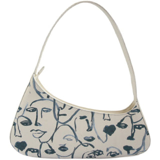 Vintage Canvas Shoulder Bag with Character Print - White Minimalist Hobo Tote